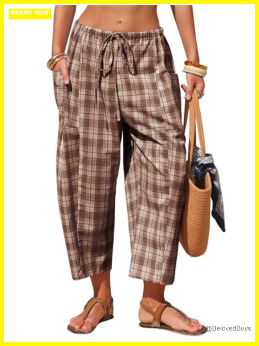 Faux Linen Gingham Capri Pants Wide Leg Beach Vacation